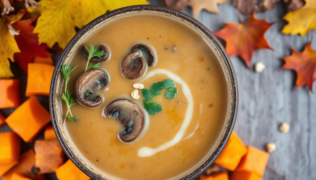 Vegane Pilzsuppe mit Hafersauce & Süsskartoffeln